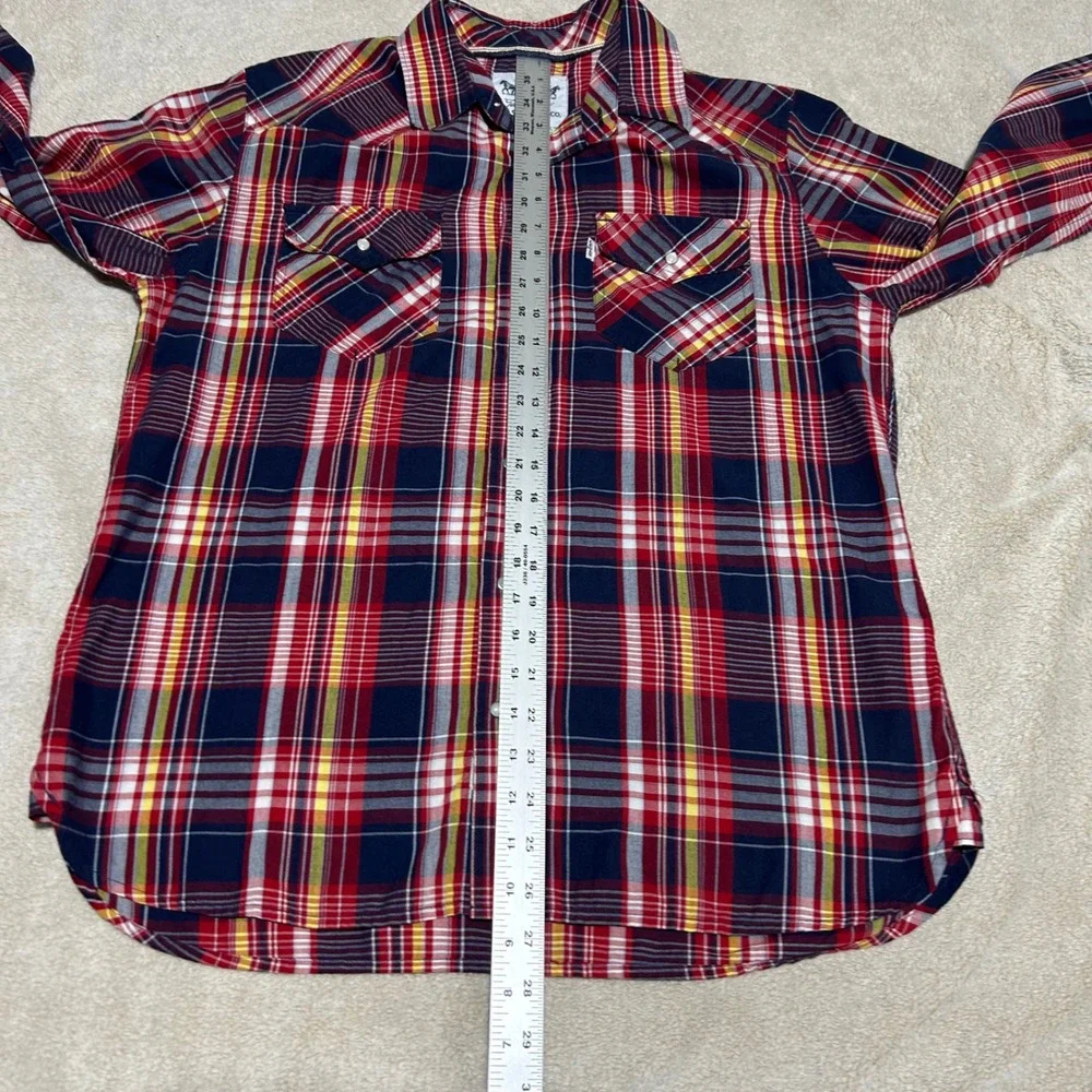 Levi Strauss Western Shirt Mens Medium Red Navy Plaid Pearl Snap Cowboy Rodeo
